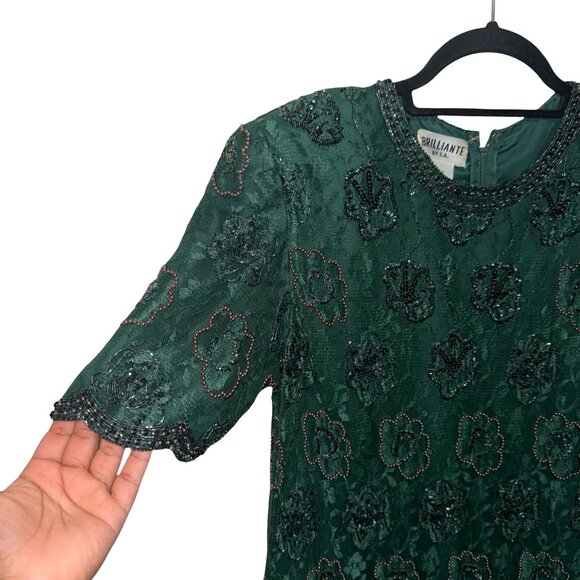 Brilliante by J.A.Vintage Beaded & Sequins Dark Green Lace MidiScallop Hem Sz M - Picture 2 of 13